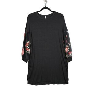 Acting Pro Med Black Long Sleeve Floral Embroidery Dress w/ Pockets Comfortable